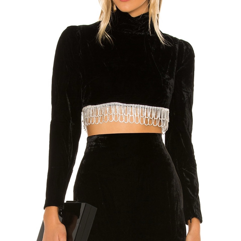 Elegant Black Velvet Crop Top with Crystal Trim